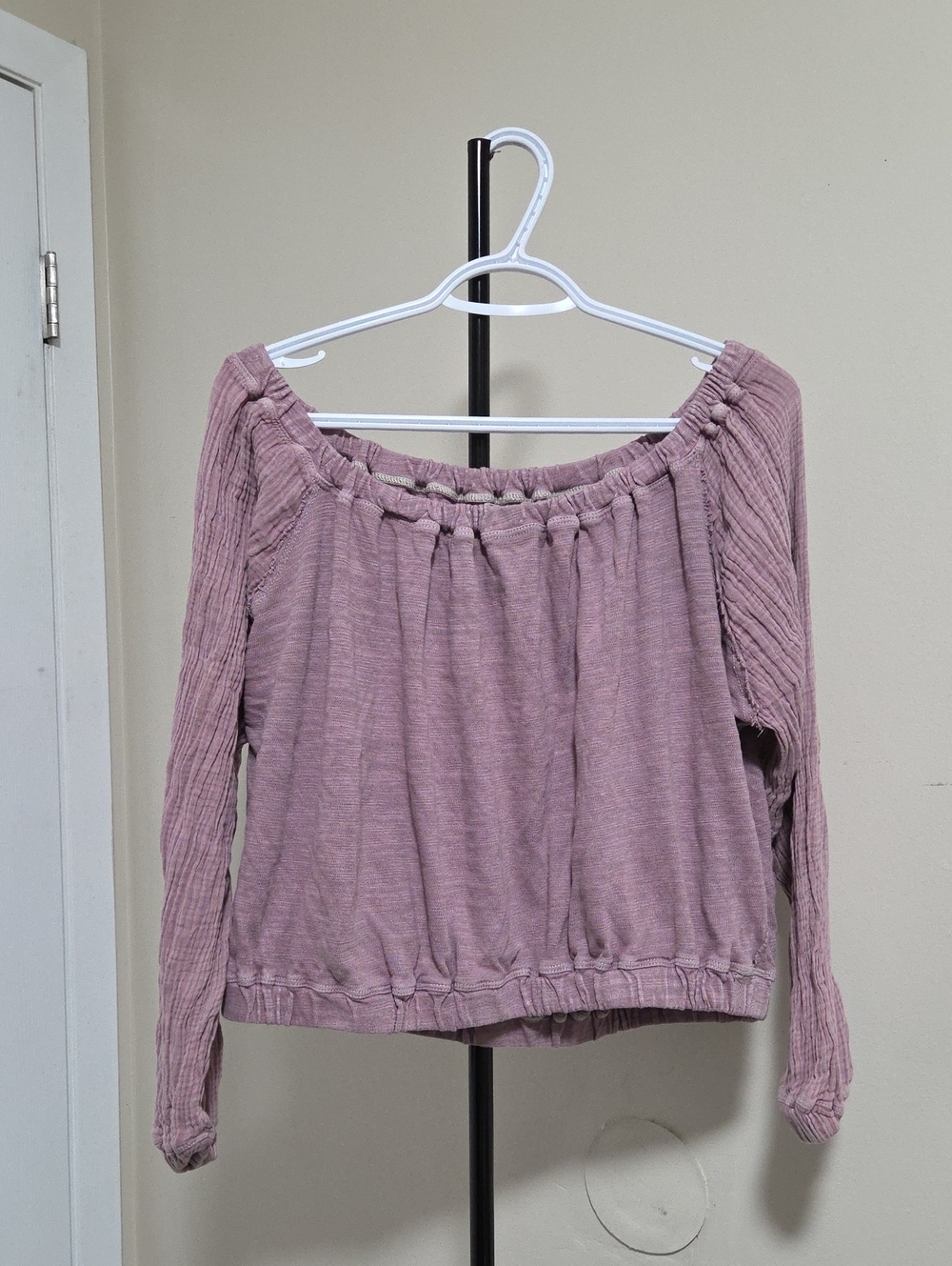 We The Free 100% Cotton Dusty Mauve Off-the-Shoulder Long Sleeve Top